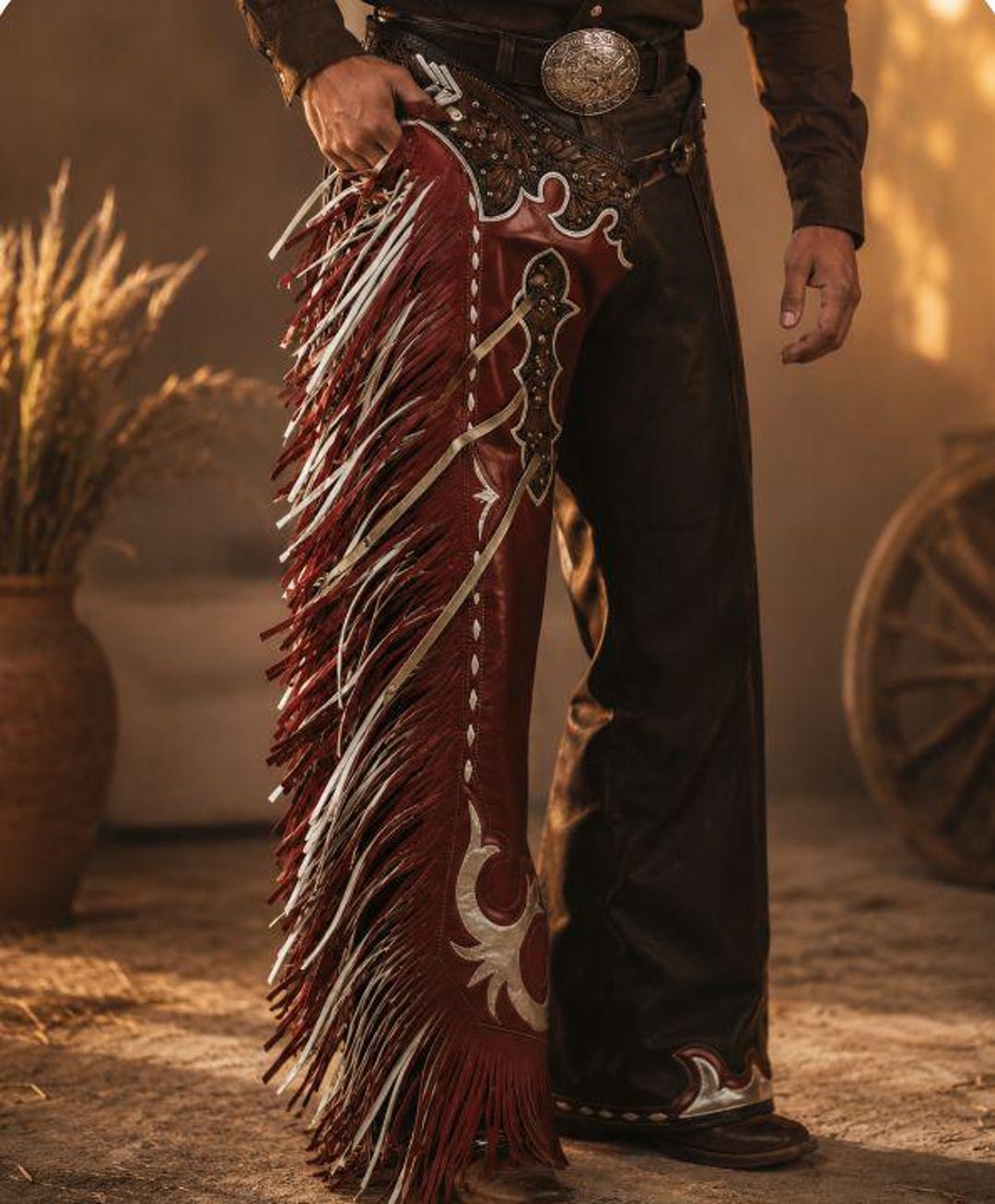 Men Western Leather Chap With White Fringe Western Bull Riding Chaps ...