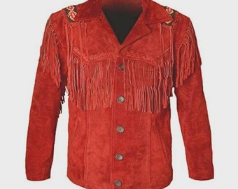 May include: A red suede jacket with fringe detailing across the chest and sleeves. The jacket features a collared neckline, button-up front, and decorative floral embroidery on the shoulders. A classic western-inspired garment.