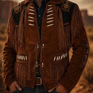 May include: Brown suede jacket with fringe detailing, white bead accents, and decorative stitching. The jacket features a notched collar, two front pockets, and a belt. The sleeves and front have long fringe. The jacket is open, revealing a denim shirt.