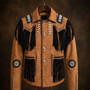 Puede incluir: Chaqueta de ante marrón claro con flecos negros y costuras decorativas. La chaqueta tiene cuello con solapas, cierre de botones y parches decorativos en las mangas. Las mangas tienen cremalleras. La chaqueta está colgada de una barra de madera.