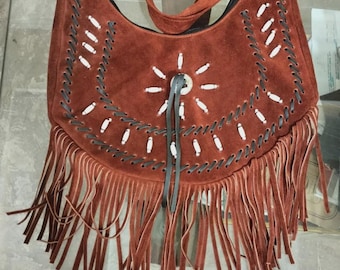 Women Handbag Native Western American Crossbody Suede Leather Purse Fringes & Beaded Work