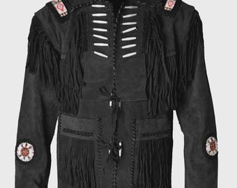 May include: Black suede jacket with fringe detailing on the sleeves, chest, and pockets. The jacket features decorative beadwork on the shoulders and elbows, and a button-up front. The jacket has a classic Western style.