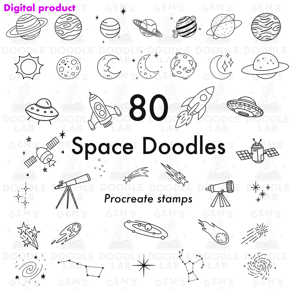 Space Pro Create 80 Space Doodle Procreate Stamps, Procreate Brush Set, Space Procreate ...