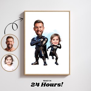 Benutzerdefinierte Super Dad und Tochter Cartoon Portrait, Super Dad Portrait, Papas Geschenk, Super Dad Karikatur, Superheld Karikatur