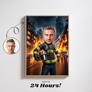 Caricatura personalizada de bombeiro para homens, retrato de desenho animado personalizado, ideia de presente de herói, arte digital engraçada de bombeiro