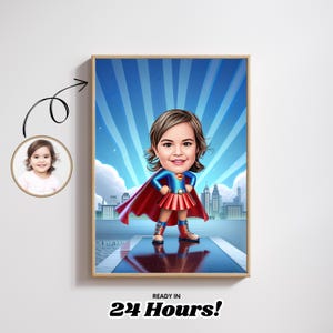 Caricatura personalizada de super-herói infantil, retrato infantil de desenho animado personalizado, presente digital divertido para meninos ou meninas, arte de fantasia de herói