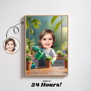 Custom Watering Flowers Kid Caricature, Personalized Cartoon Child Portrait, Cute Garden Cartoon Gift, Digital Artwork for Kids