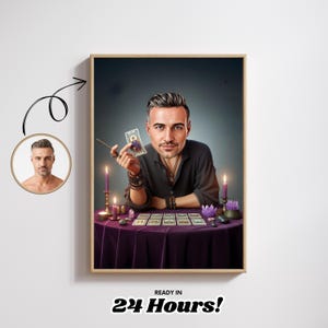 Caricature personnalisée de lecteur de tarot, une caricature mystique pour le surdoué, portrait de dessin animé spirituel personnalisé pour lui