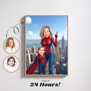 Strong Super Mom and Kid Caricature, Custom Caricature Portrait, Personalized Mom and Child Cartoon, Empowering Family Gift