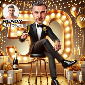 Retrato de caricatura de hombre de 50 años personalizado, caricatura de 50 años, 50 cumpleaños, caricatura de feliz cumpleaños personalizada, regalo de cumpleaños personalizado, regalo divertido