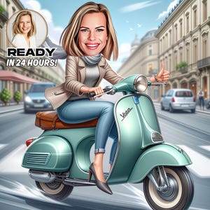 Individuelles Roller Cartoon Portrait, personalisierte Vespa Karikatur, Vespa Cartoon Geschenk, Vespa Zeichnung, Roller Karton Geschenk