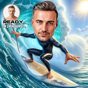 Custom Surfer Cartoon Portrait, Surfer Caricature from Photo, Unique Surfer Gift for Him, Funny Gift for Surfer Caricature