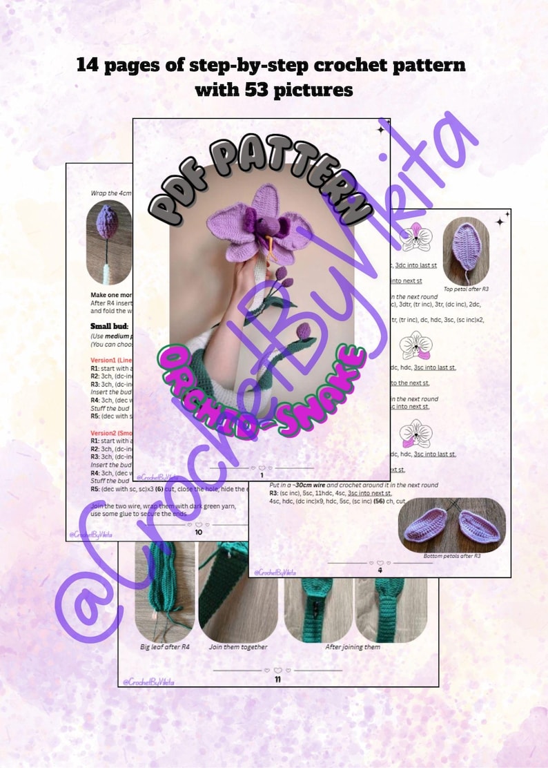 Op de afbeelding: Een 14 pagina's tellend PDF haakpatroon met 53 foto's, met instructies voor een paarse orchidee. De afbeelding toont stapsgewijze instructies met diagrammen en tekst, met details over de kleine knop en het grote blad. Afmetingen in cm.