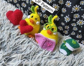 Haakpatroon pereneend pdf, schattige fruitknuffel met accessoires, eendamigurumi, bril, boeken, harten, digitale download