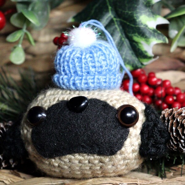 Koby the Pom Pom Hat Wearing Christmas Pug Ornament - Your choice of hat color!