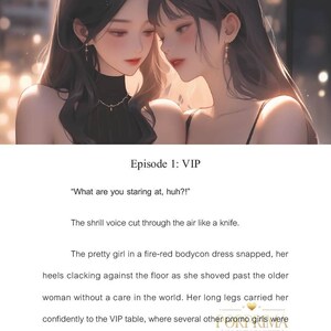 K&ouml;nnte beinhalten: Illustration von zwei Frauen mit langen dunklen Haaren, die eng beieinander sind, mit verschwommenem Hintergrund. Der Text "Episode 1: VIP" steht oben, mit einem Zitat und einer Szenenbeschreibung. Das Bild hat ein romantisches Thema.