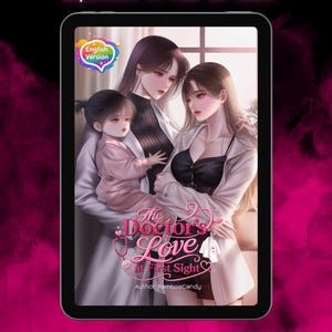 Puede incluir: Una tableta digital que muestra la portada de un libro titulada The Doctor's Love at First Sight por Author RainbowCandy. La ilustración muestra a dos mujeres y un niño, con el texto Experience in Thai GL Novel y English Version.