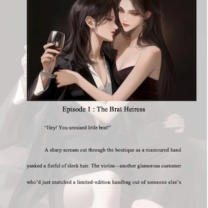 Puede incluir: Ilustraci&oacute;n digital de dos mujeres, una de ellas sosteniendo una copa de vino. La imagen contiene el texto "Episode 1: The Brat Heiress" y "Not Just Her Bodyguard". Tambi&eacute;n aparece el texto "Do not share, resell, or redistribute".