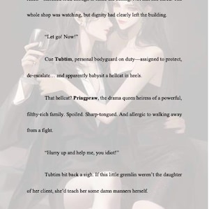 Puede incluir: P&aacute;gina de c&oacute;mic con una escena rom&aacute;ntica entre dos mujeres. Hay bocadillos de texto y texto narrativo, con el t&iacute;tulo "Not Just Her Bodyguard" y "P&aacute;gina 9". El fondo est&aacute; borroso.