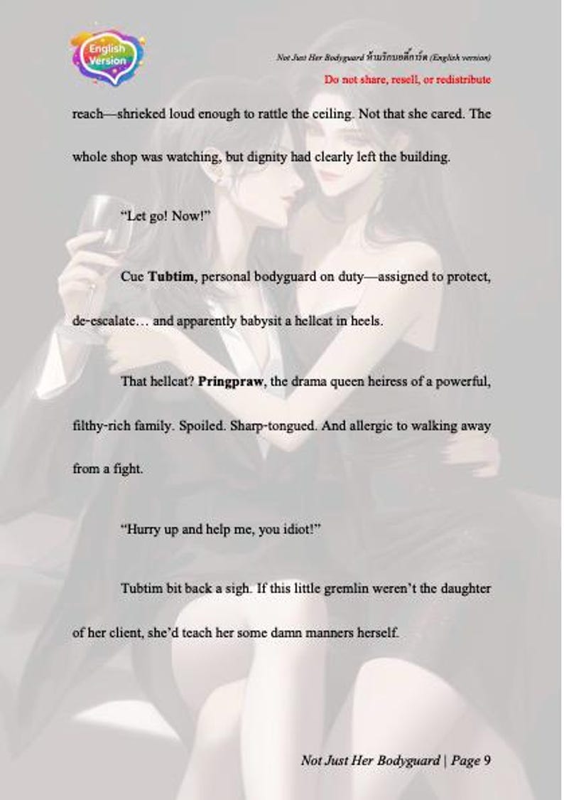 Puede incluir: P&aacute;gina de c&oacute;mic con una escena rom&aacute;ntica entre dos mujeres. Hay bocadillos de texto y texto narrativo, con el t&iacute;tulo "Not Just Her Bodyguard" y "P&aacute;gina 9". El fondo est&aacute; borroso.