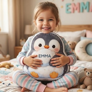 Almohada de peluche personalizada con forma de pingüino gris, nombre personalizado, tela suave, decoración para habitación infantil.