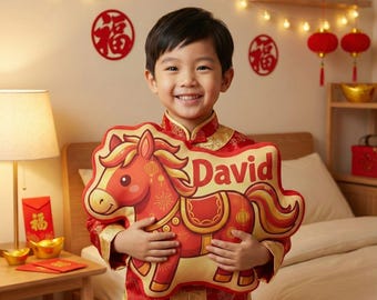 Personalized Horse Pillow Chinese New Year Zodiac Plush Custom Name Lunar Festival Decor Kids Room Gift for Lunar Near Year