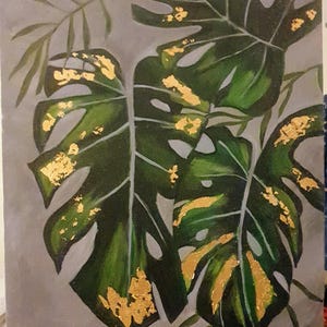 Monstera Leaf Acrylic Painting: Tropical Botanical Wall Art with Gold