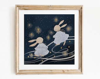 Celestial Bunnies - 5x5 Print | Celestial Wall Decor | Galaxy Print | Cosmic | Stars | Rabbit Wall Art | Baby Wall Decor | Bunny Nursery Art