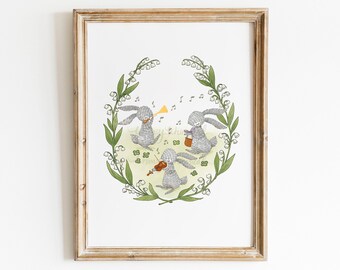 Spring Music Festival Rabbit - 5x7 Print | Music Art Print | Nursery Wall Decor | Rabbit Wall Art | Baby Wall Decor | Bunny Nursery Art