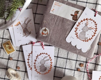 Rabbit & Reindeer Wreath Christmas Gift Tags Bundle - Copper Foil | Christmas Gift Labels | Holiday Tags | Seasonal Tags | Woodland