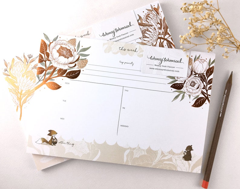 Copper Foil Weekly Desk Planner Rabbit, Hedgehog & King Protea Botanical Collection image 7