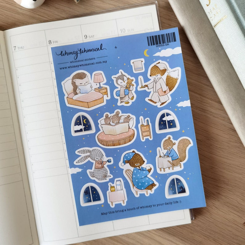 Sweet Good Night Stickers feature forest animals in bedtime rituals, perfect for journaling, diaries, and crafts.