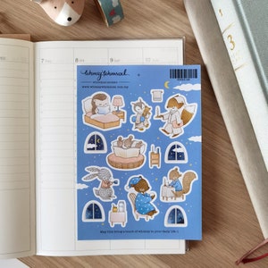 Sweet Good Night Stickers feature forest animals in bedtime rituals, perfect for journaling, diaries, and crafts.