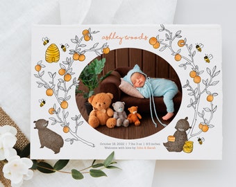 Birth Announcement Template | Photo Birth Announcement Card | Newborn Birth Announcement | Woodland Forest Animal | Personalization