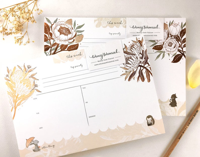 Copper Foil Weekly Desk Planner Rabbit, Hedgehog & King Protea Botanical Collection image 6