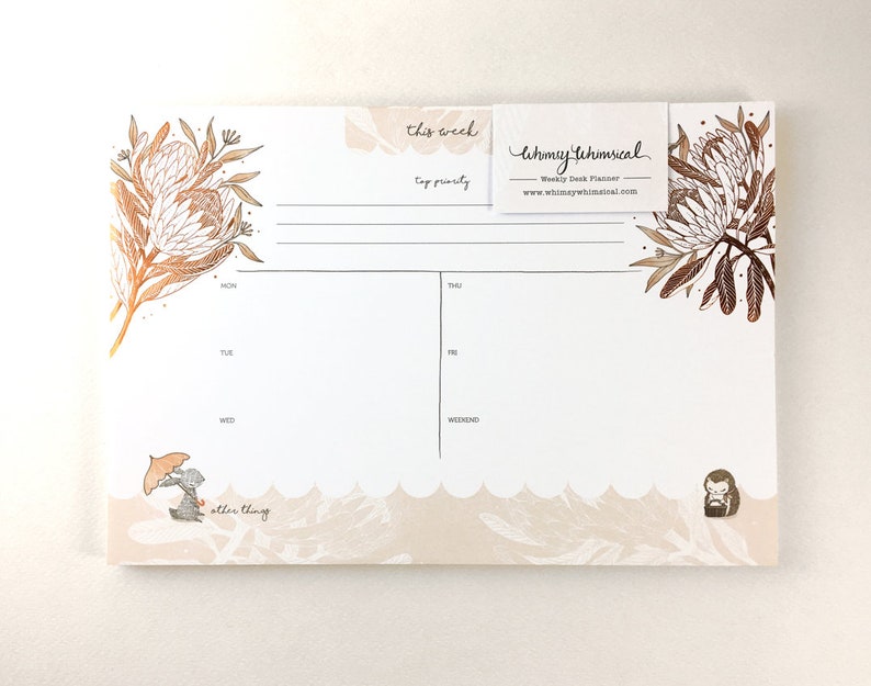 Copper Foil Weekly Desk Planner Rabbit, Hedgehog & King Protea Botanical Collection image 3