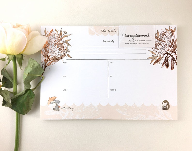 Copper Foil Weekly Desk Planner Rabbit, Hedgehog & King Protea Botanical Collection image 2