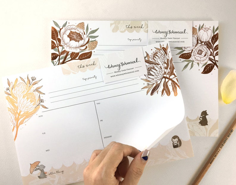 Copper Foil Weekly Desk Planner Rabbit, Hedgehog & King Protea Botanical Collection image 4