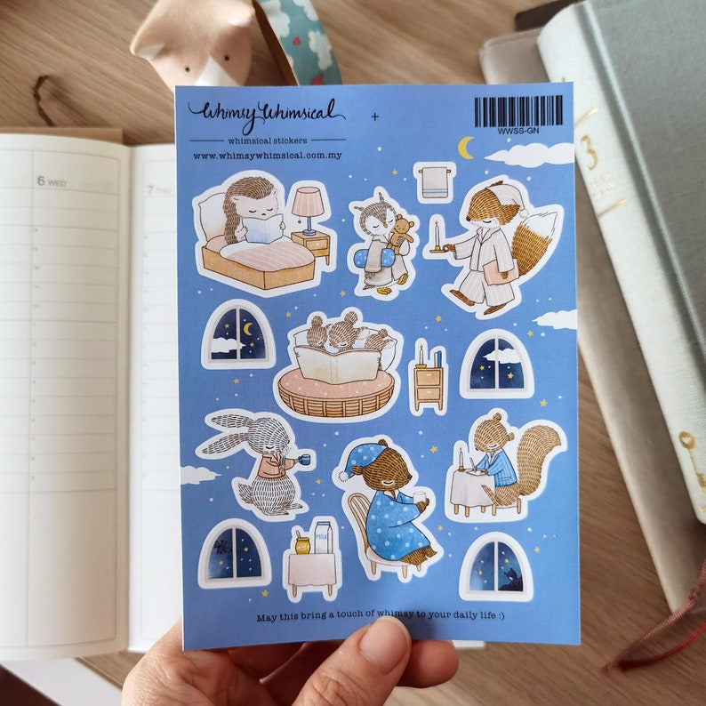 Sweet Good Night Stickers feature forest animals in bedtime rituals, perfect for journaling, diaries, and crafts.