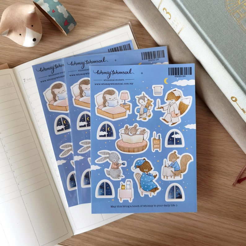 Sweet Good Night Stickers feature forest animals in bedtime rituals, perfect for journaling, diaries, and crafts.