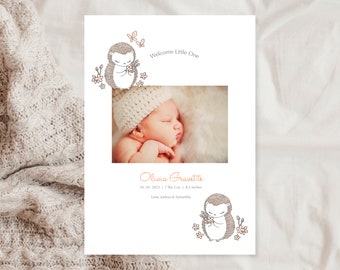 Personalized Birth Announcement Template - Spring Hedgehog | Photo Birth Announcement Card | Newborn Birth Announcement | Woodland Animal