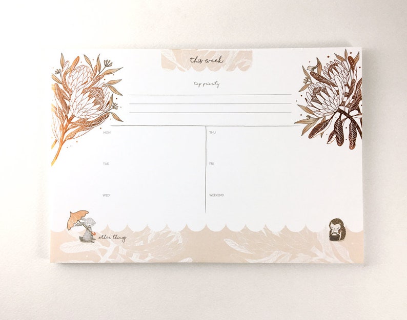 Copper Foil Weekly Desk Planner Rabbit, Hedgehog & King Protea Botanical Collection image 5