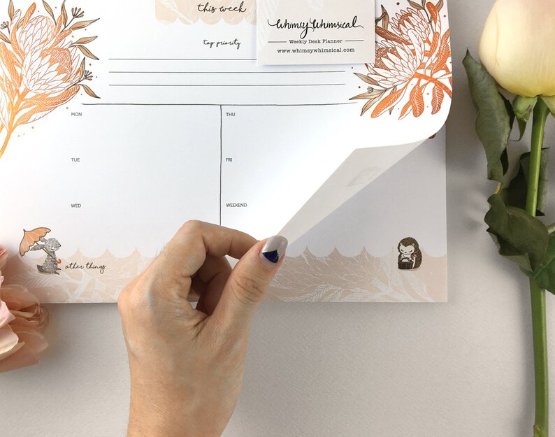 Copper Foil Weekly Desk Planner Rabbit, Hedgehog & King Protea Botanical Collection image 1