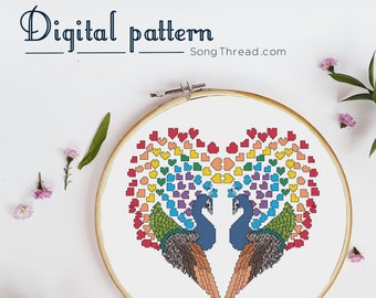 PATTERN Peacock Pride LGBTQ Love digital PDF counted cross stitch Valentines love heart