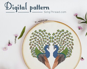 PATTERN Peacock Love digital PDF counted cross stitch Valentines love heart