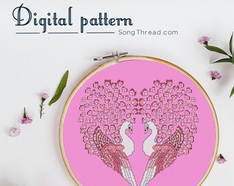 PATTERN Peacock Pink Albino Love digital PDF counted cross stitch Valentines love heart