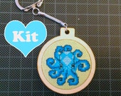 KIT Miniature Embroidery Hoop Pendant Keychain Cross Stitch Kit Pattern Octopus Original 25 Count DIY Gift