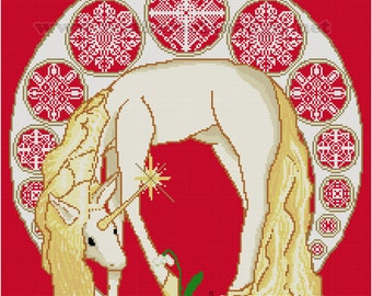 PATTERN Original Winter Unicorn Art Nouveau Holiday Snowcap Counted Cross Stitch PDF Digital