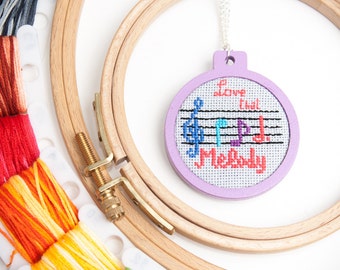 Music Love That Melody Treble Clef Notes Cross Stitch Pendant Jewellery