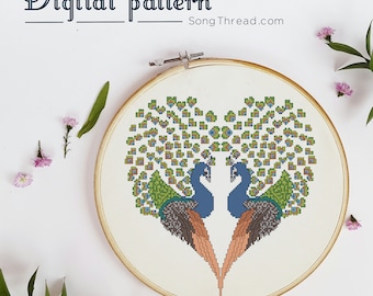 PATTERN peacocks heart love Counted Cross Stitch